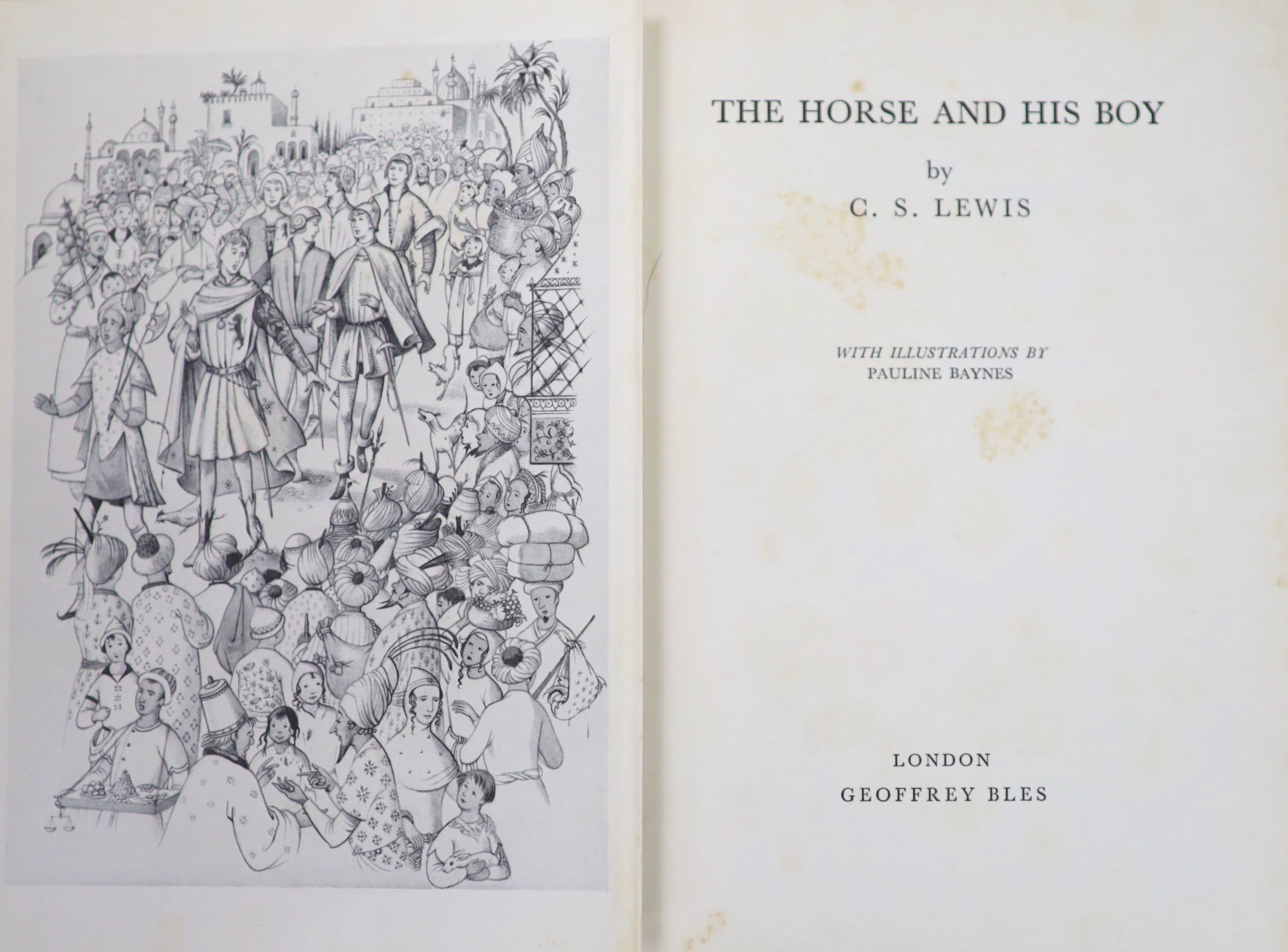 Lewis, Clive Staples - The Horse and His Boy, 1st edition, 8vo, illustrated by Pauline Baynes, frontis plate detached, but present, original cloth, in unclipped d/j, Geoffrey Bles, London, 1954